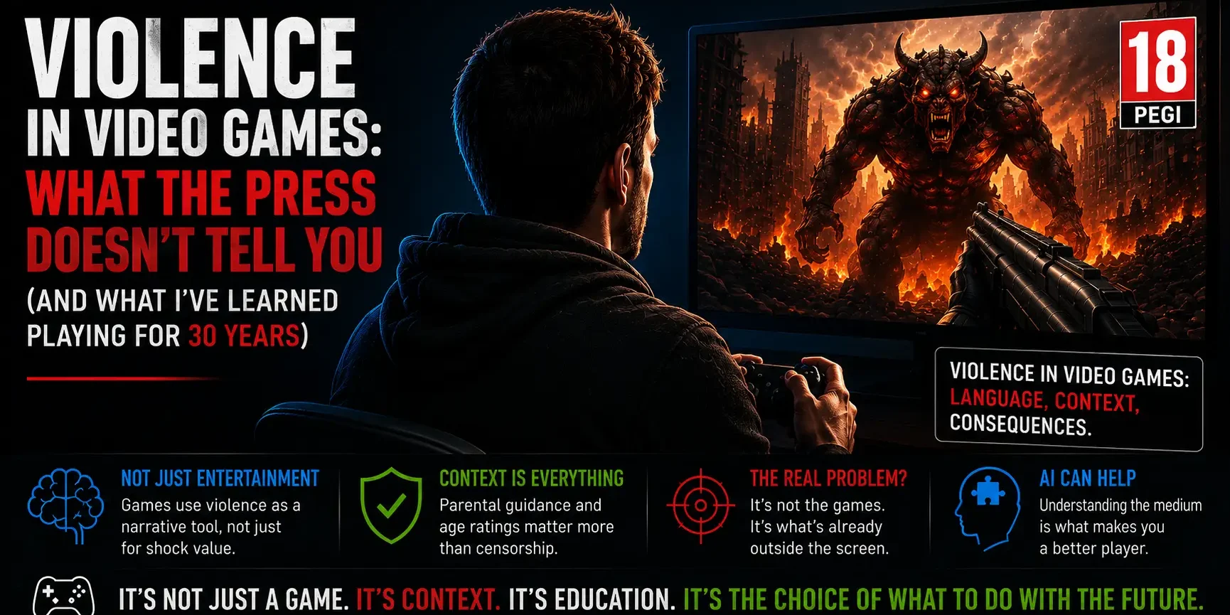 Gamer playing violent video game with on-screen monster and PEGI 18 rating