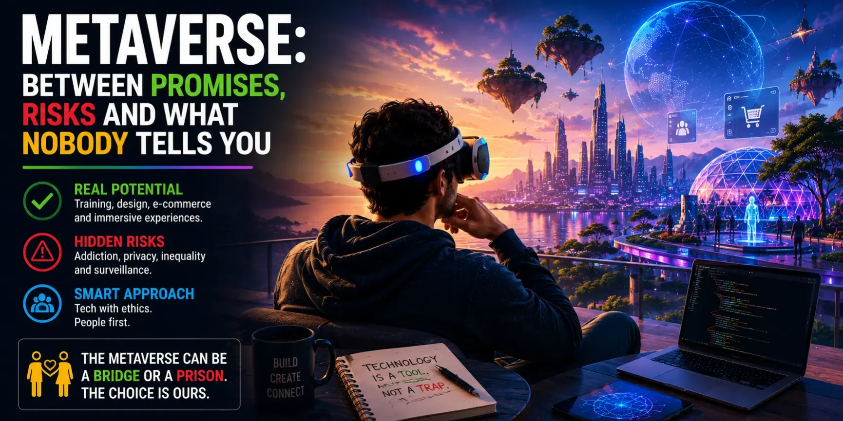 Person in VR headset exploring a futuristic metaverse cityscape with floating islands and holograms