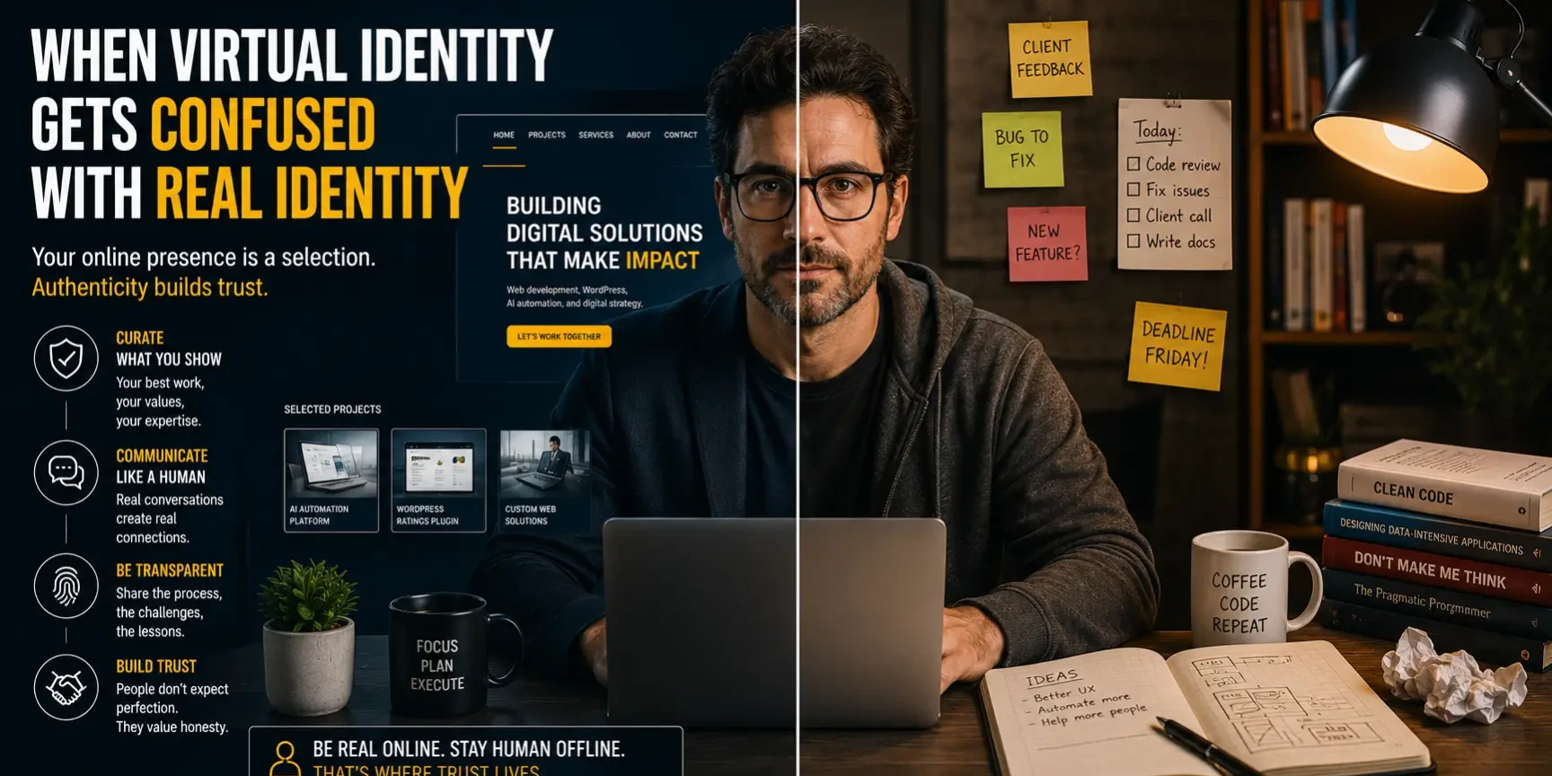 Developer working on laptop with digital identity branding in background