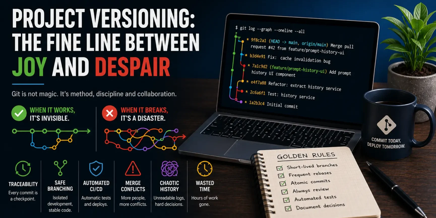 Laptop displaying Git version control workflow with code and notes on project versioning best practices