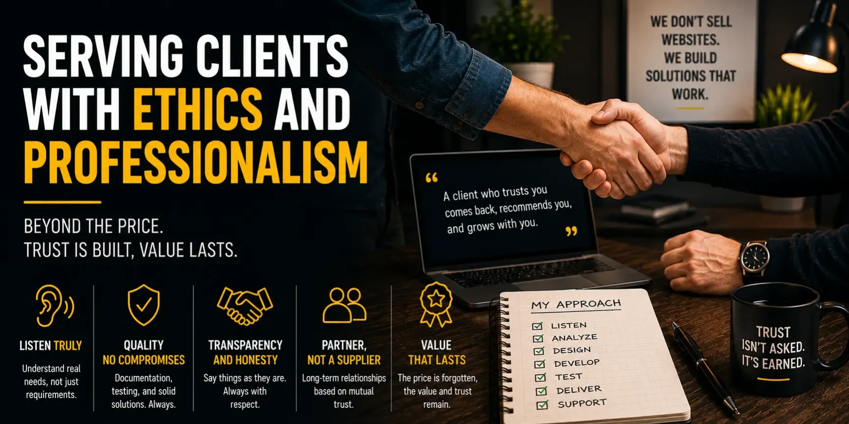 Professional handshake over a laptop with ethics and professionalism values displayed