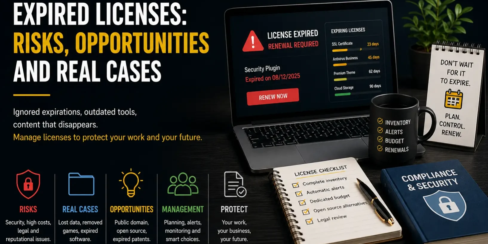 Laptop showing expired license alert with renewal reminder and office supplies