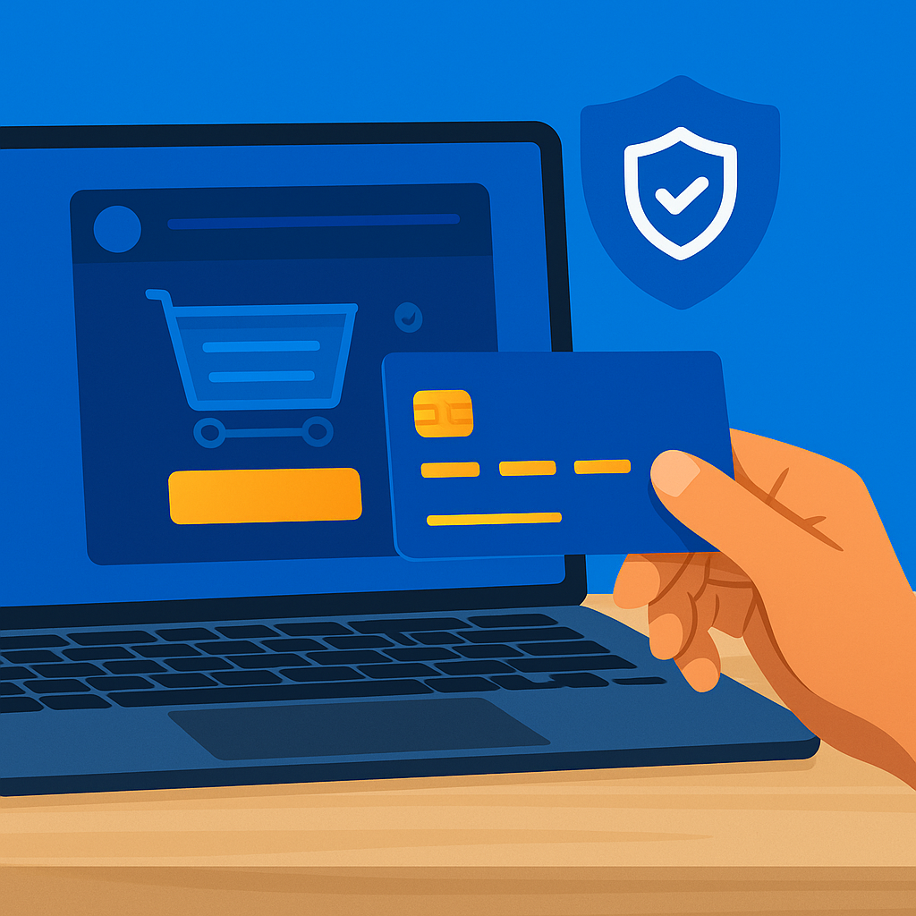 Hand holding a credit card in front of a laptop showing a secure e-commerce checkout page.