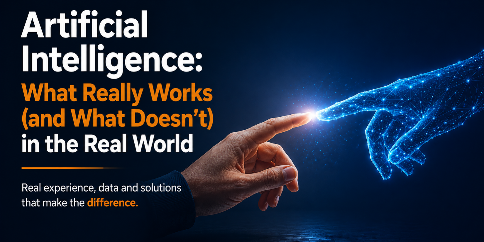 Artificial Intelligence: Bridging Human and Machine Collaboration Human hand touching a glowing AI network hand, symbolizing AI innovation