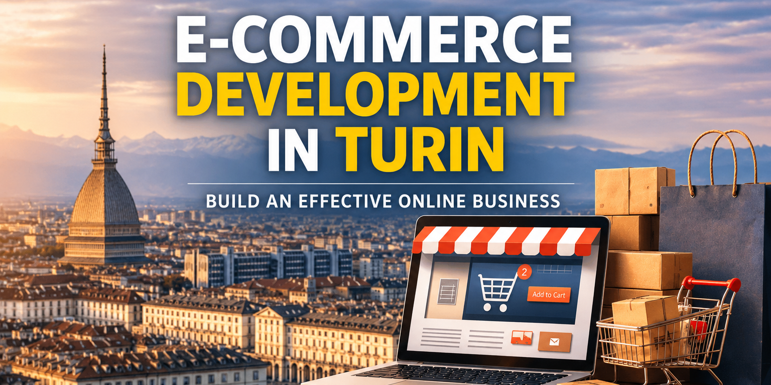 E-commerce development in Turin with laptop and cityscape