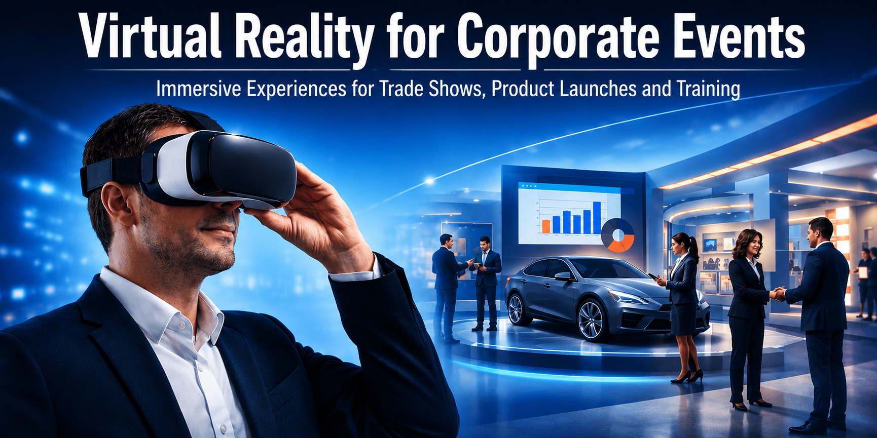 Man using VR headset at a corporate event with immersive digital environment
