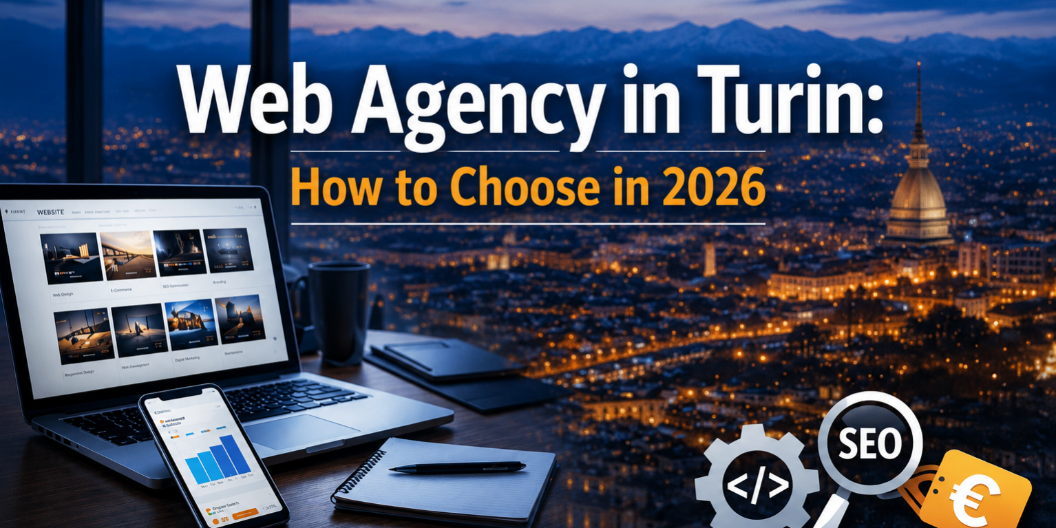 Laptop and smartphone on a desk with Turin cityscape at night, showcasing web development tools and SEO icons