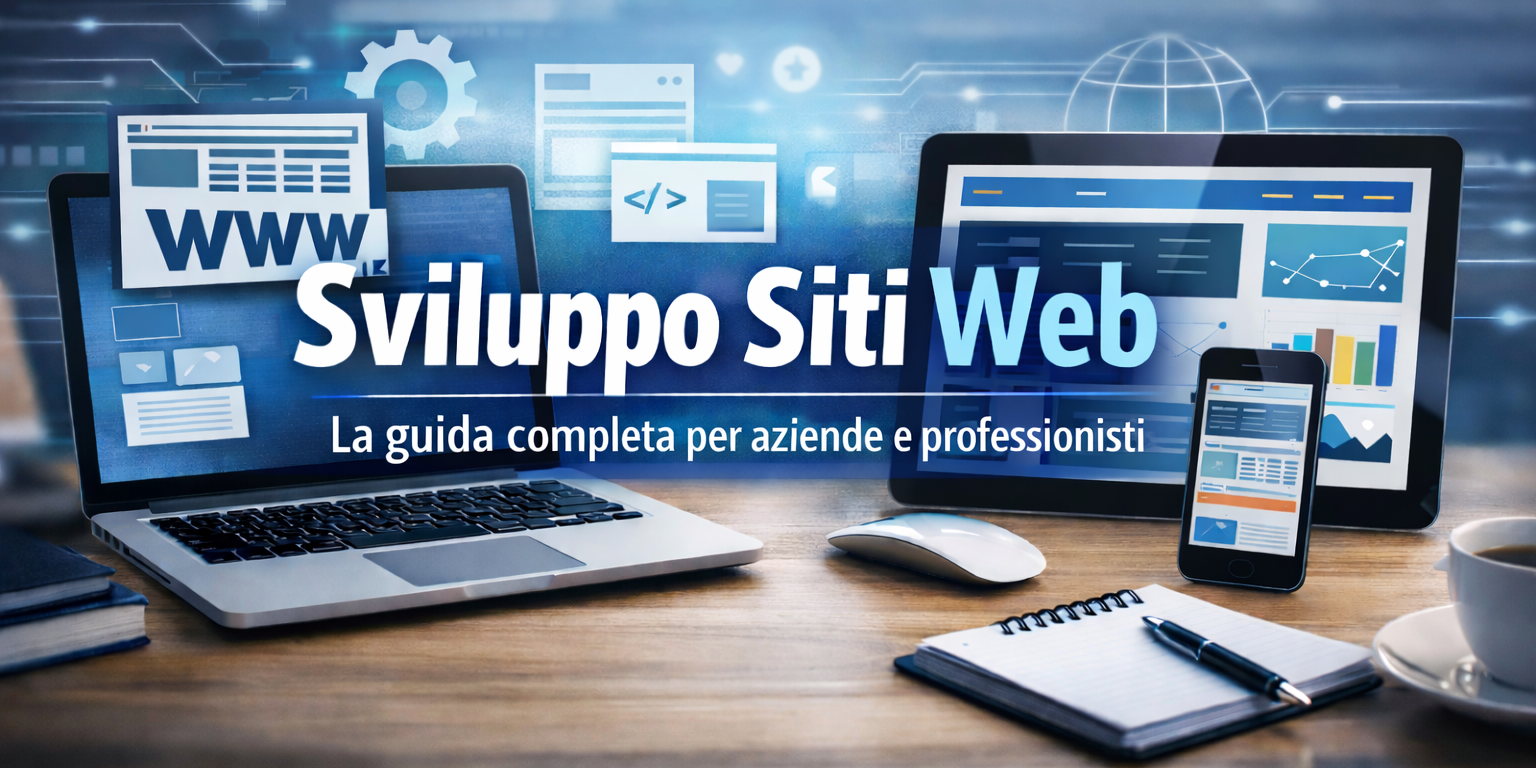 Laptop, tablet e smartphone su una scrivania con testo 'Sviluppo Siti Web' per aziende e professionisti