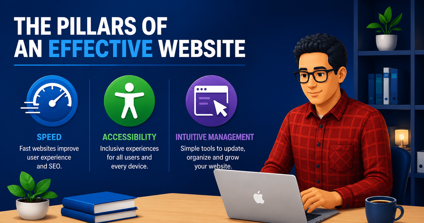 Illustration of the pillars of an effective website: speed, accessibility, and intuitive management