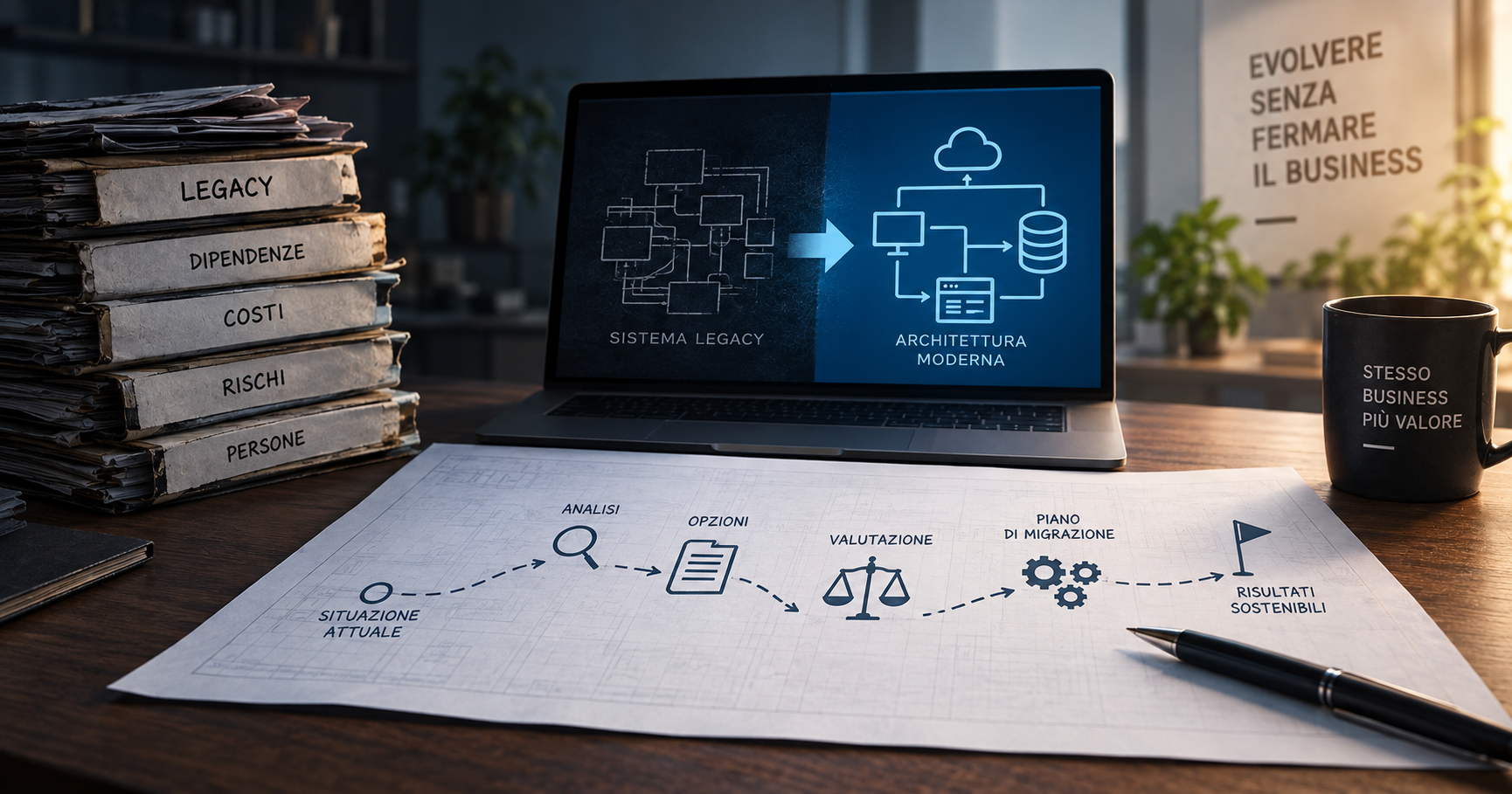 Laptop mostra migrazione da sistema legacy a architettura moderna con documentazione tecnica e processi di valutazione