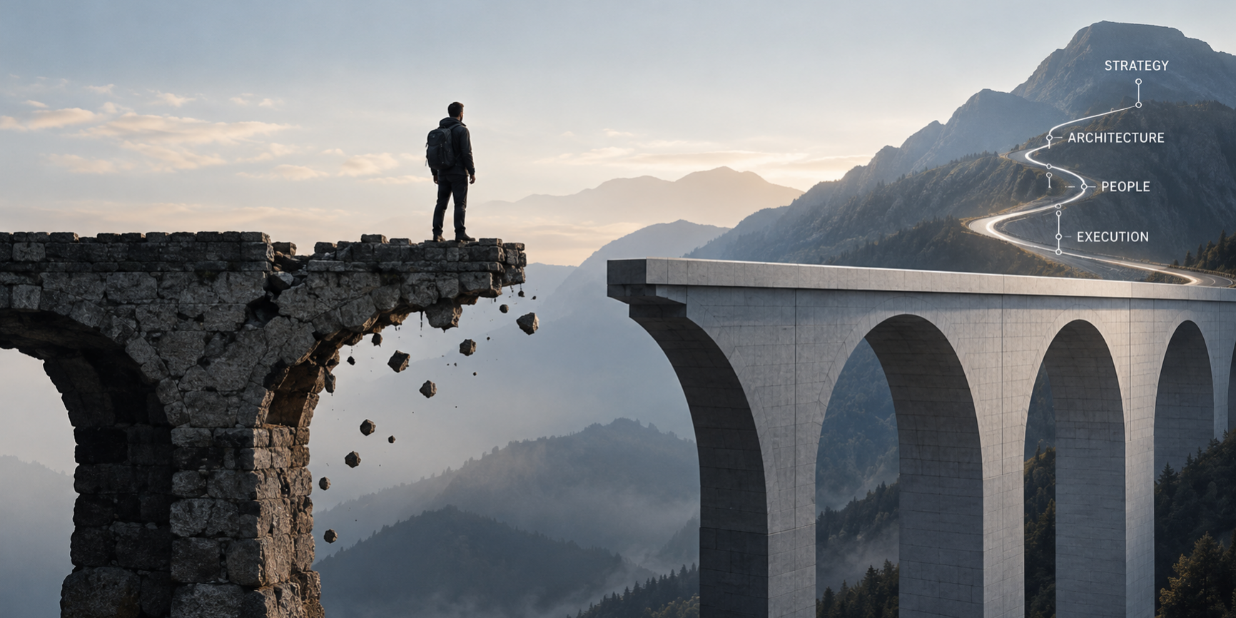 Persona in equilibrio tra ponte antico in rovina e moderno, simbolo di scelta strategica