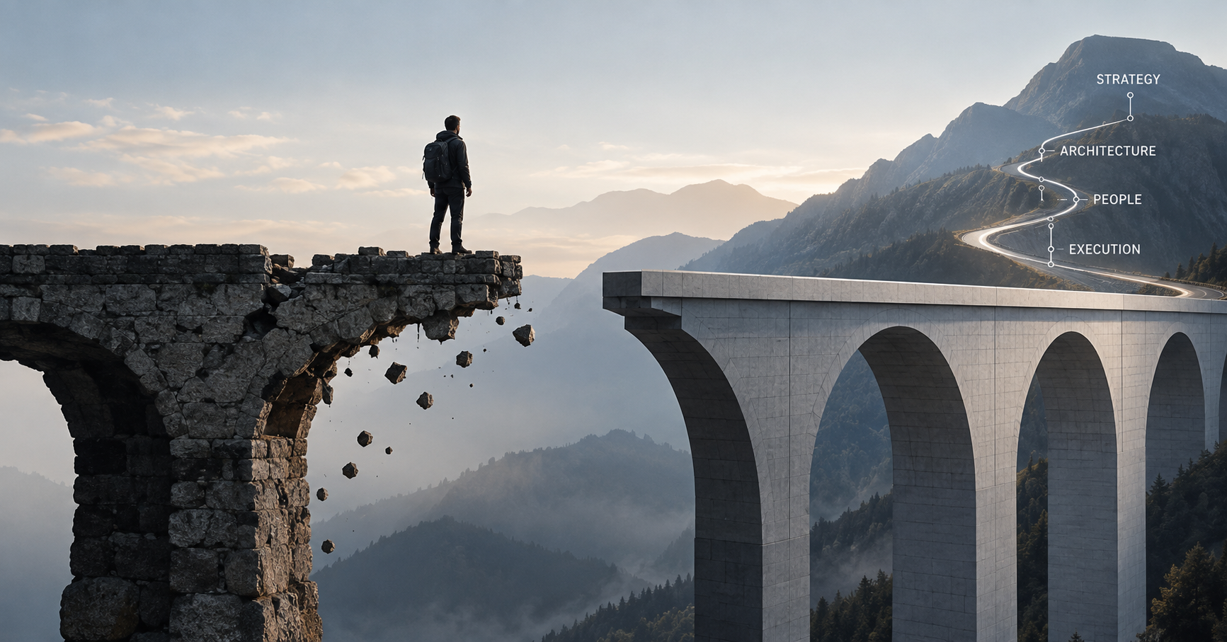 Persona in equilibrio tra ponte antico in rovina e moderno, simbolo di scelta strategica