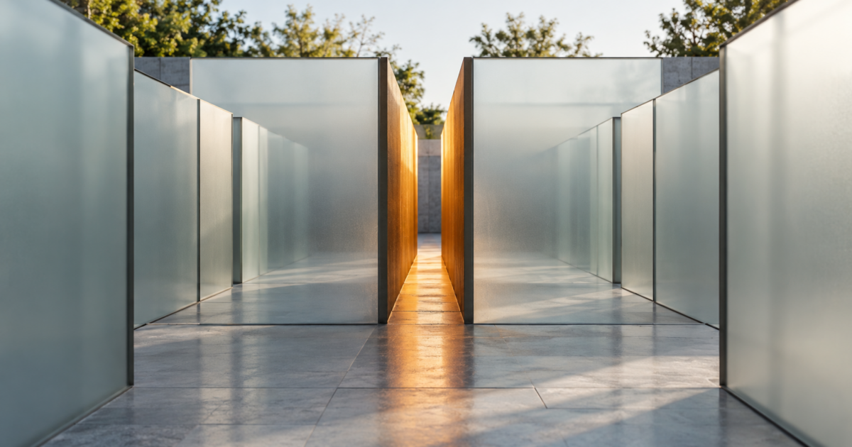 Modern minimalist percorso architettonico con pareti riflettenti e luce naturale